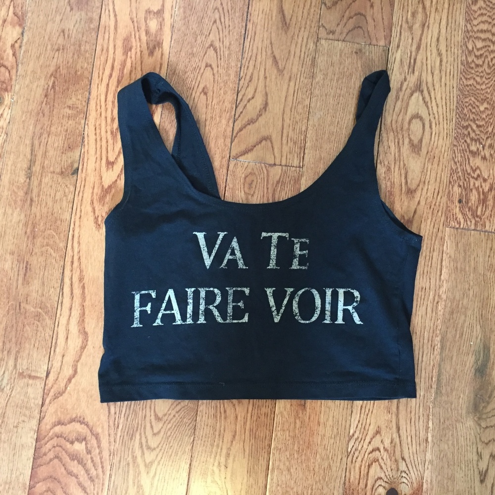Black cotton crop top "Va Te Faire Voir" (From UO)
